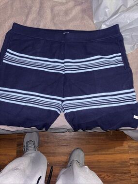 Paperplane Navy Knit Shorts with Light Blue Stripes
